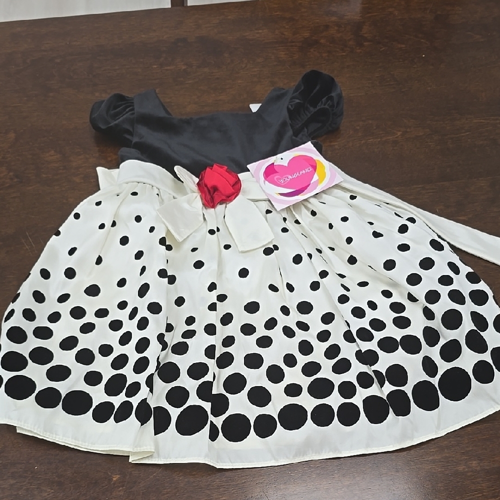 Charming Black and White Polka Dot Dress with Red Accent